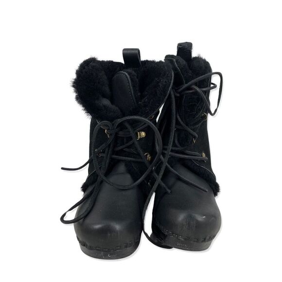No. 6 Black Shearling Clog Boots Sz 5 Leather Lace Up Ankle Winter Platforms 36 - Picture 3 of 8